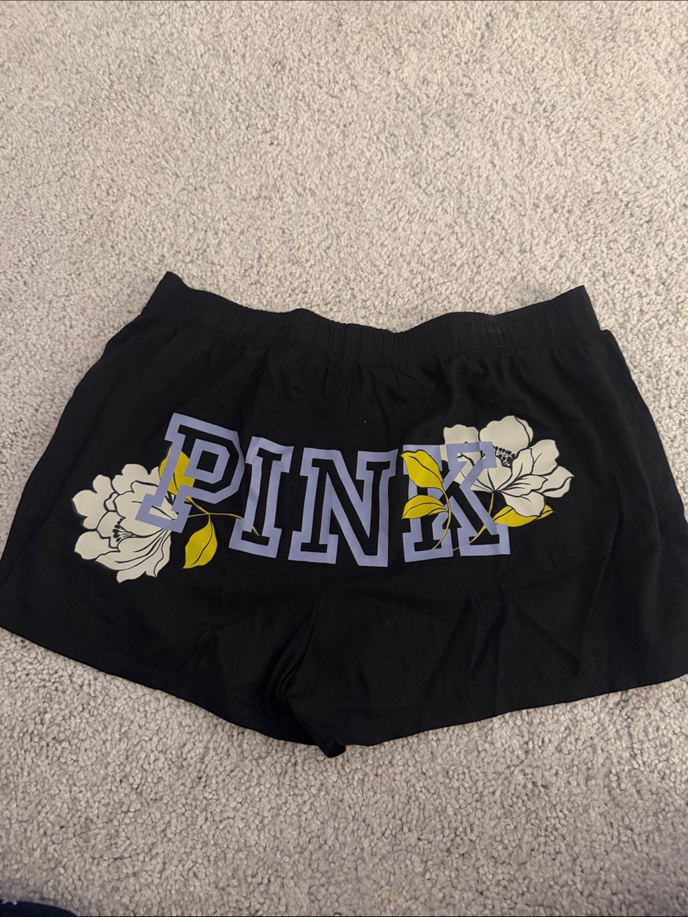 PINK Victoria's Secret Black Shorts with Lavender Logo & Yellow Floral Accents